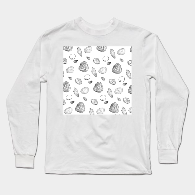 Stylish Black White Seashells Pattern Long Sleeve T-Shirt by NdesignTrend